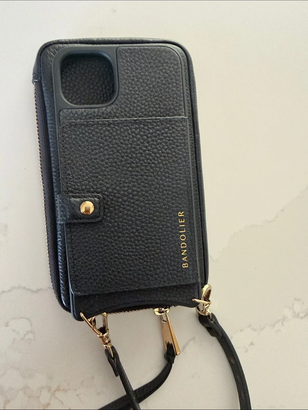 Bandolier Black Leather IPhone 14 Plus case and matching zippered pouch